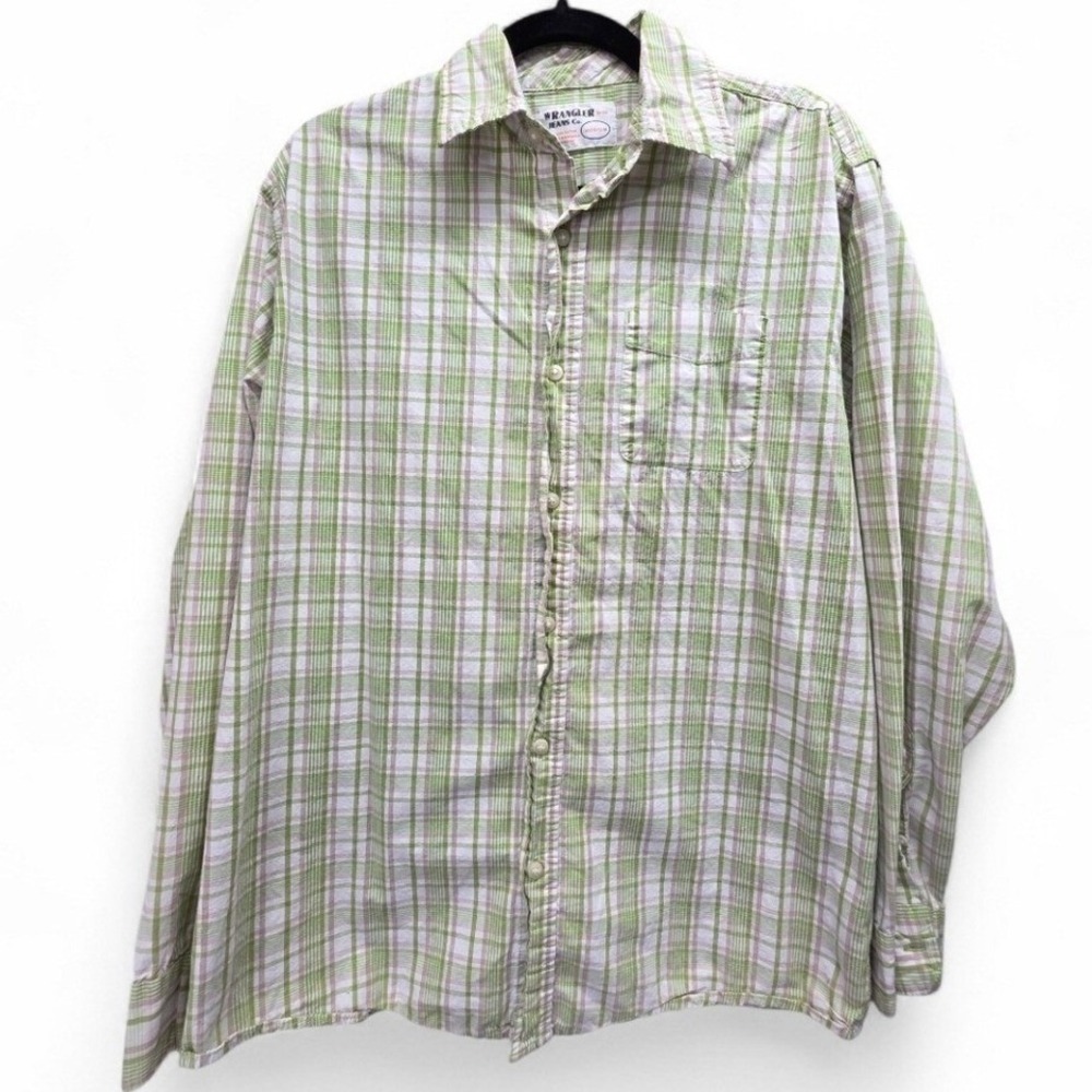 Wrangler Jeans Co Green Plaid Button Up Shirt Men's Medium Western Casual Cotton - Picture 1 of 5